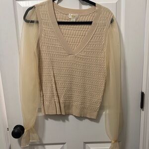 Mauve Beige Knit Blouse with Sheer Sleeves